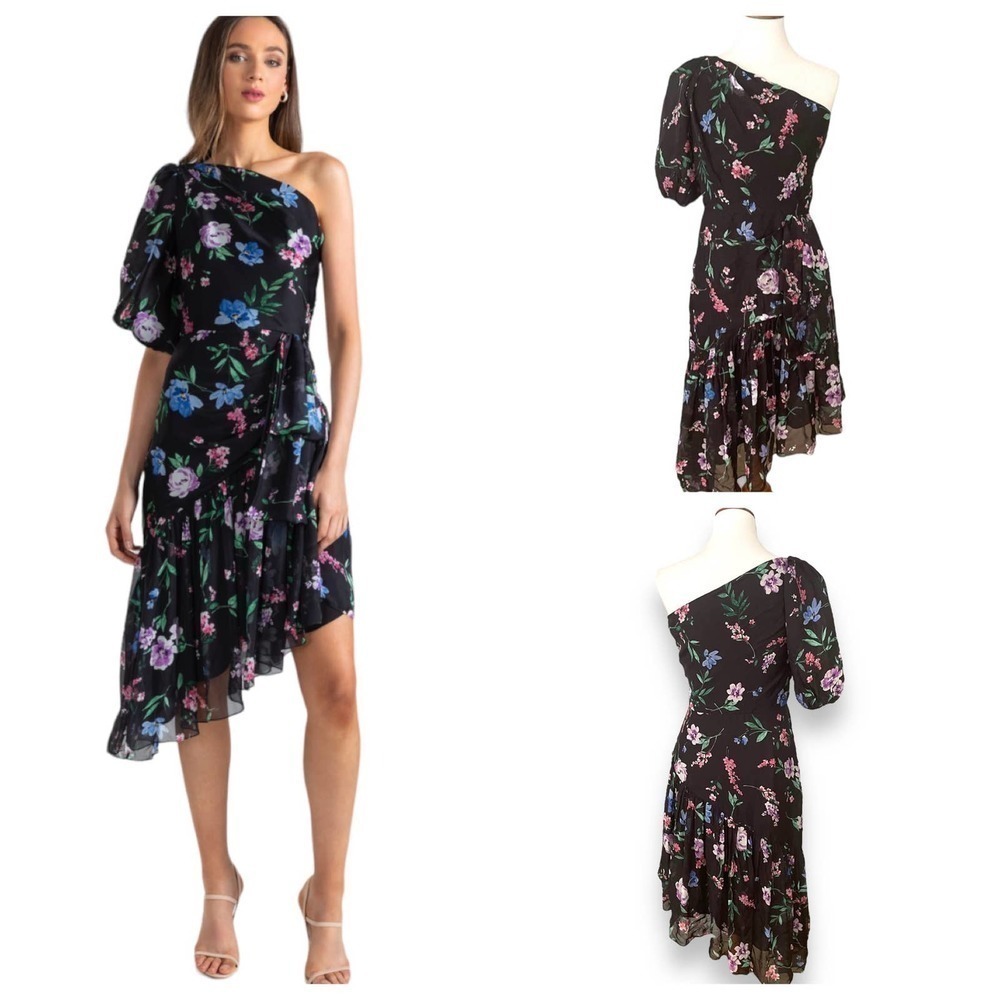Shoshanna Black Floral Gia One Shoulder Asymmetrical A-Line Dress Size 4